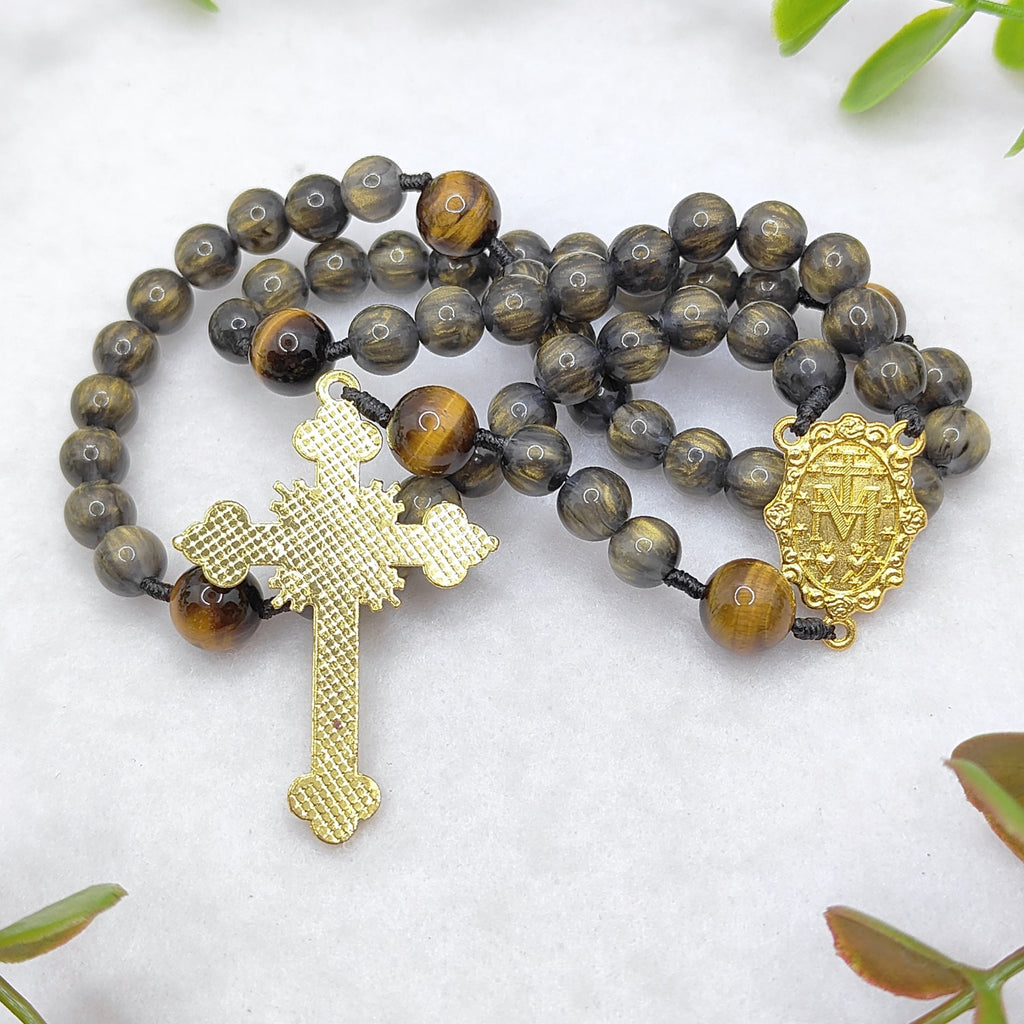 Gold Plated Miraculous Medal Obsidian Glass & Tiger Eye Rosary