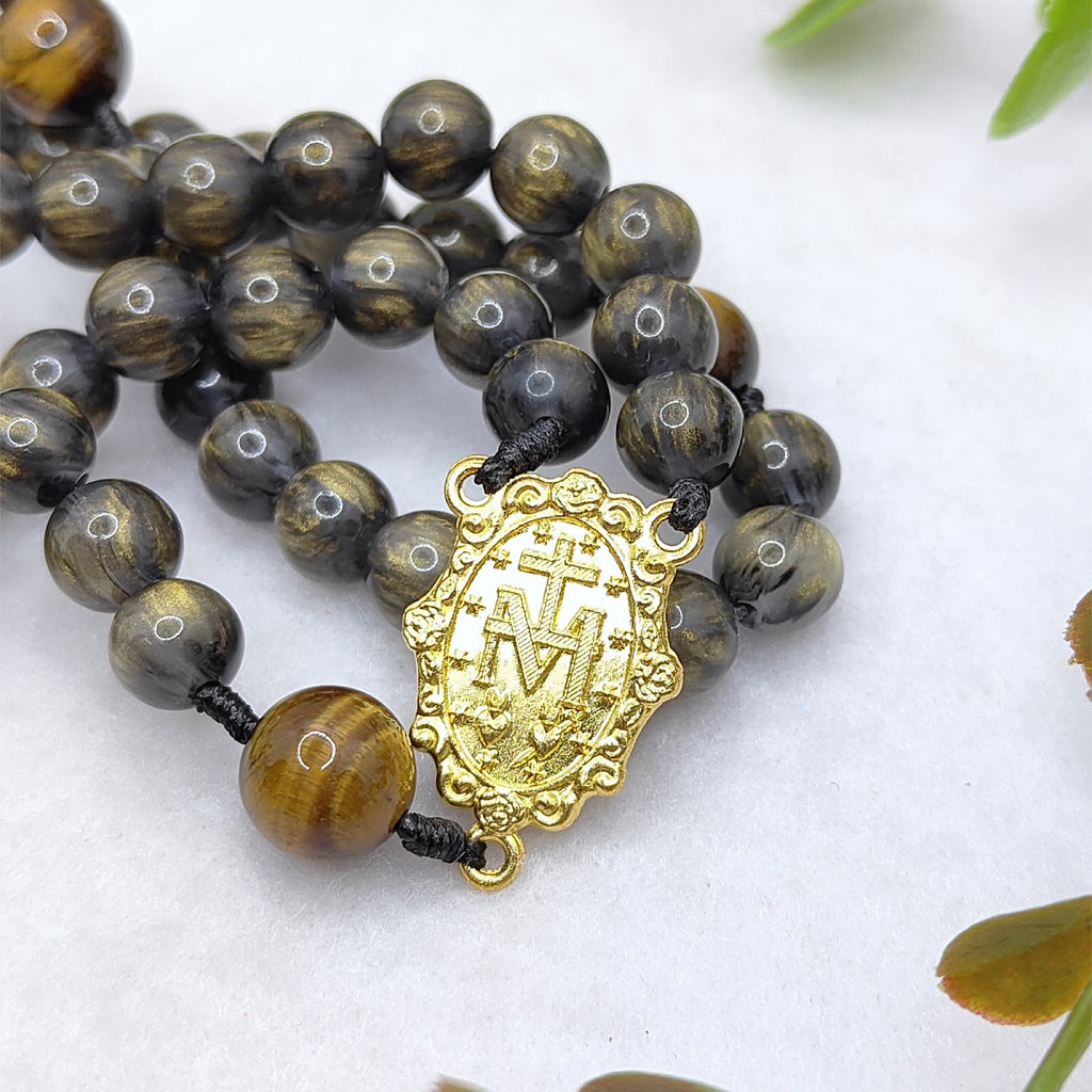 Gold Plated Miraculous Medal Obsidian Glass & Tiger Eye Rosary