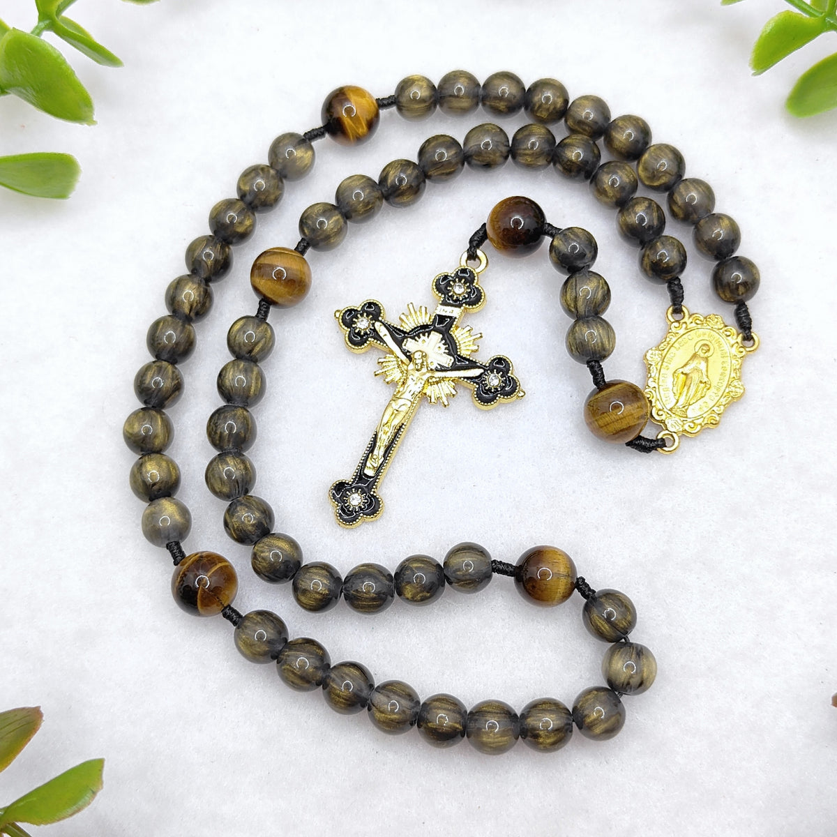 Gold Plated Miraculous Medal Obsidian Glass & Tiger Eye Rosary