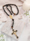 Gold Plated Miraculous Medal Obsidian Glass & Tiger Eye Rosary