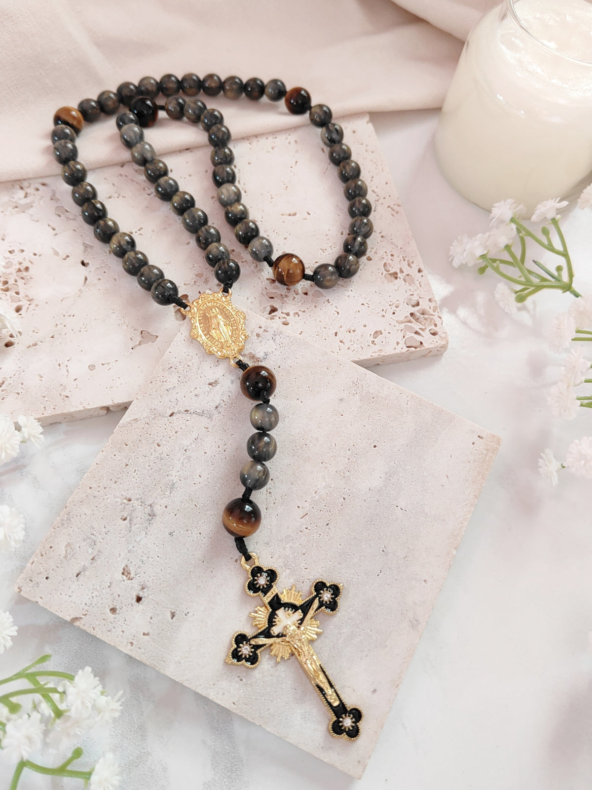 Gold Plated Miraculous Medal Obsidian Glass & Tiger Eye Rosary
