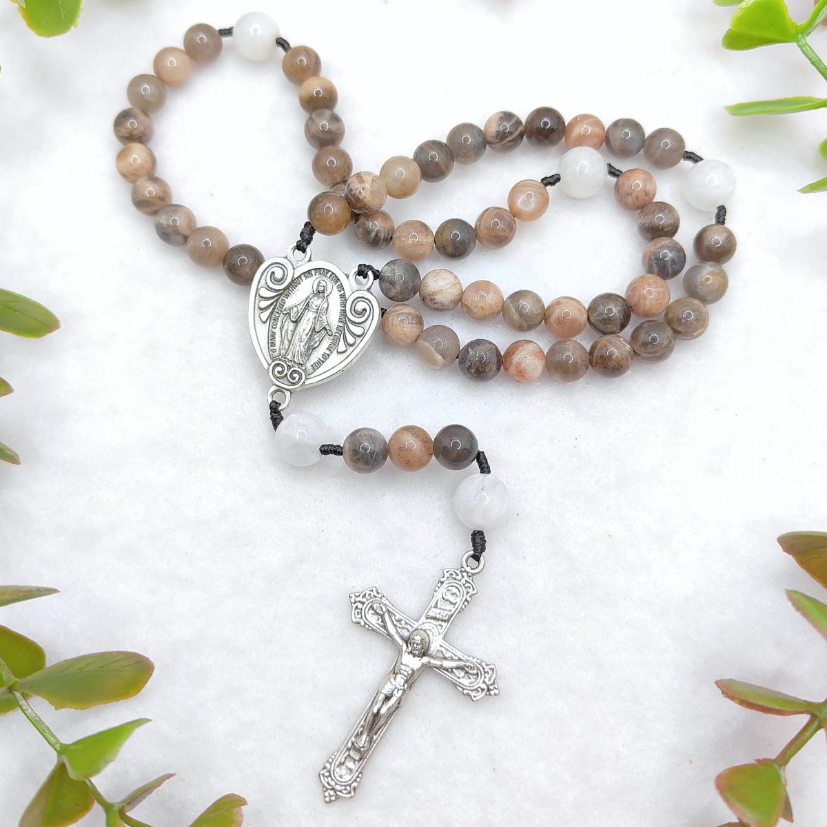 Our Lady of Grace Black Sunstone & White Moonstone Rosary