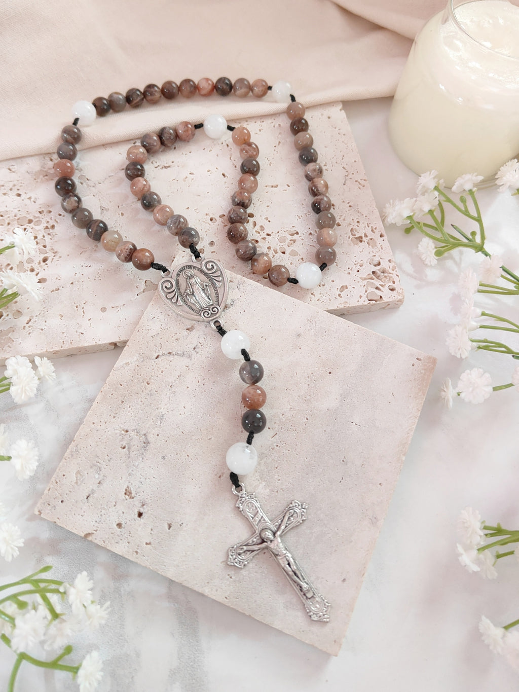 Our Lady of Grace Black Sunstone & White Moonstone Rosary