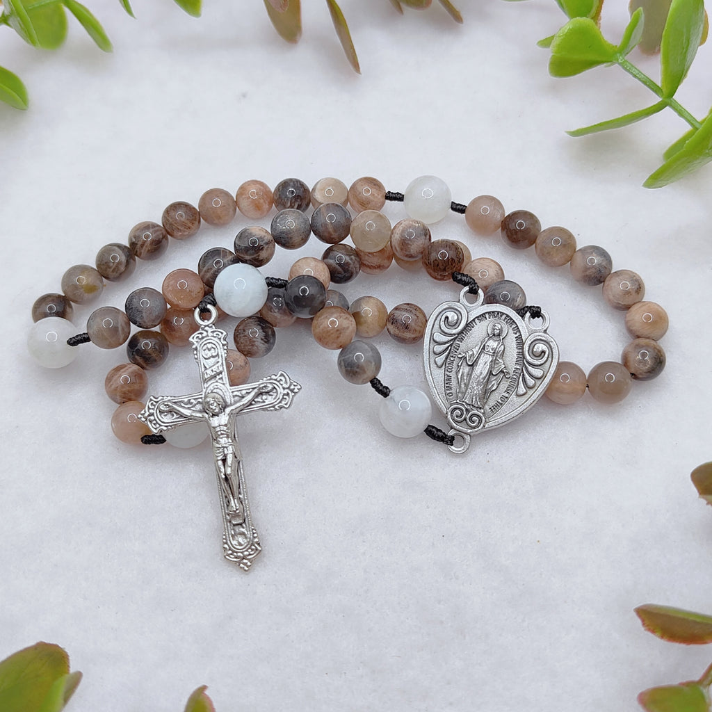 Our Lady of Grace Black Sunstone & White Moonstone Rosary