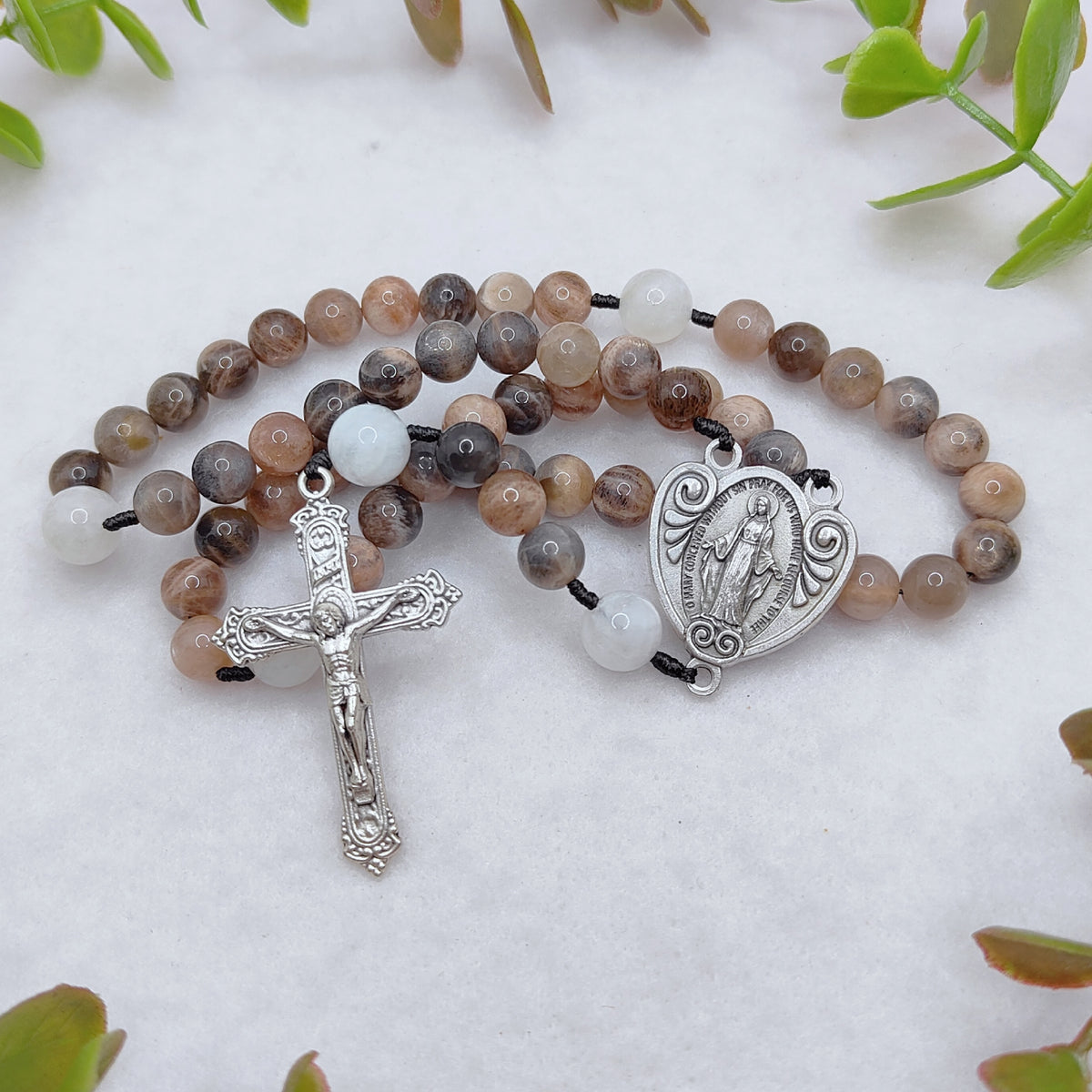 Our Lady of Grace Black Sunstone & White Moonstone Rosary