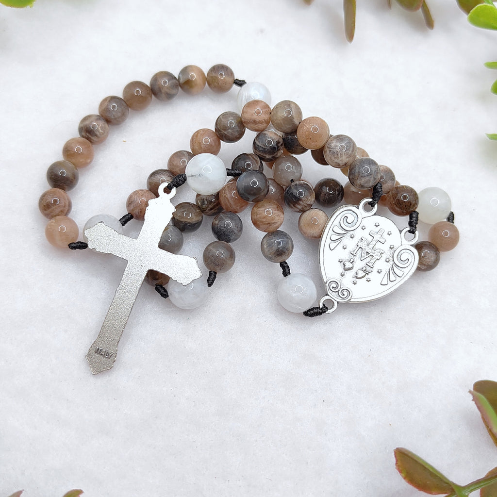 Our Lady of Grace Black Sunstone & White Moonstone Rosary