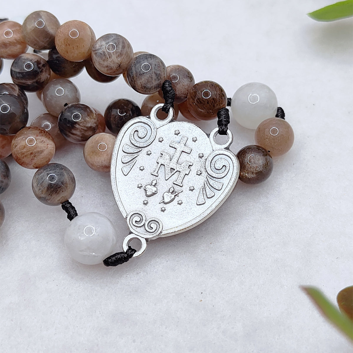 Our Lady of Grace Black Sunstone & White Moonstone Rosary