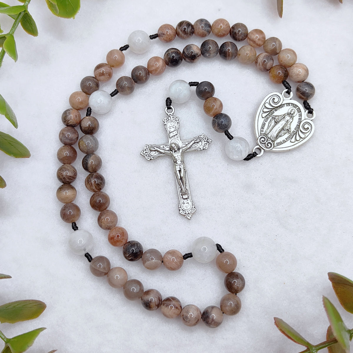 Our Lady of Grace Black Sunstone & White Moonstone Rosary
