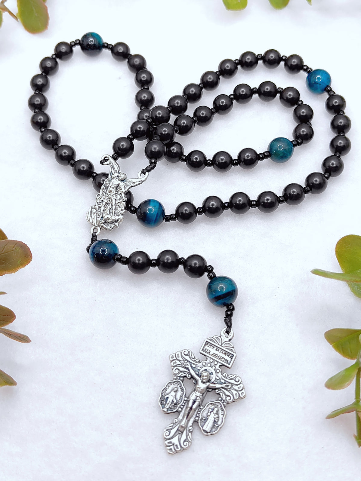 St Michael Black Ebony Wood & Tiger Eye Rosary