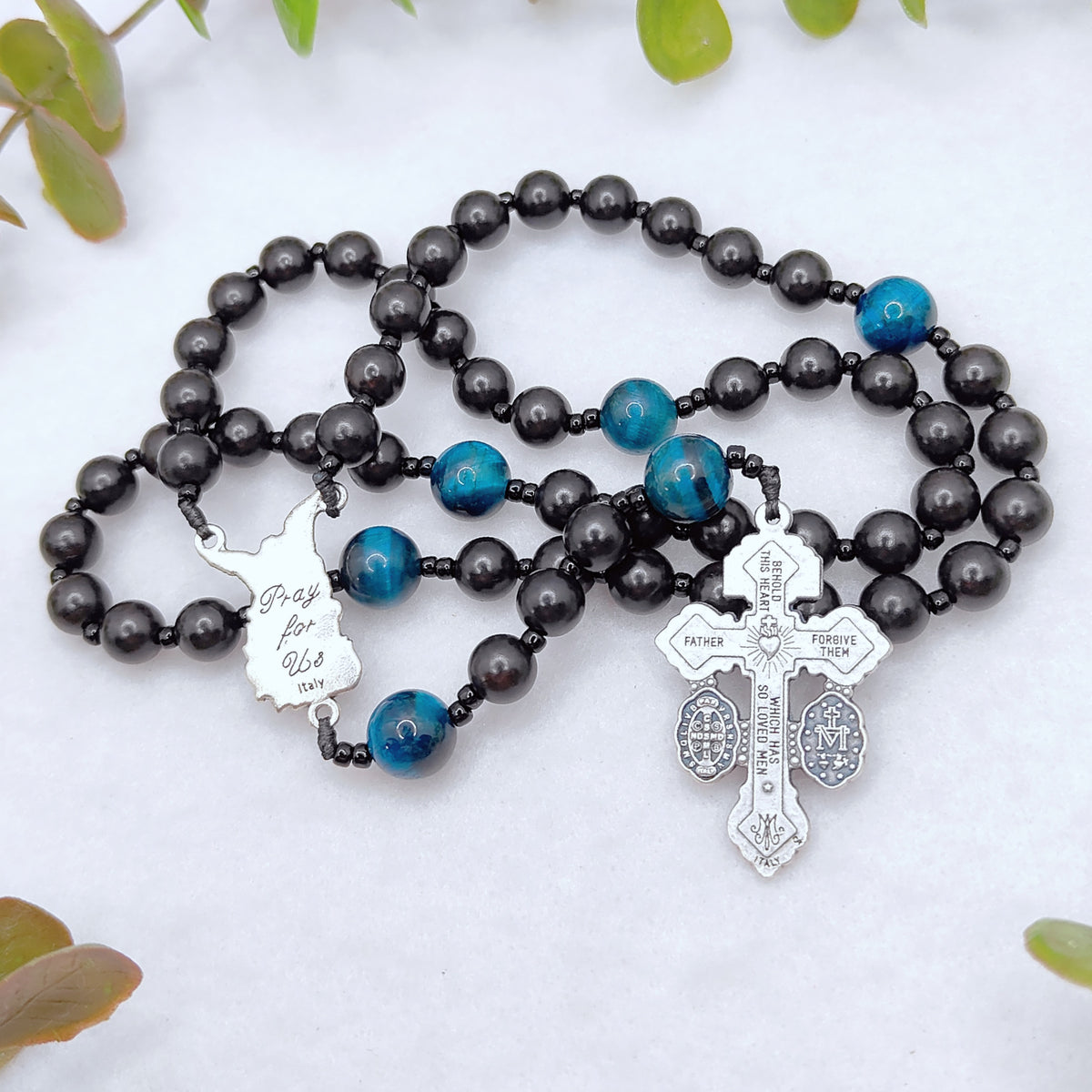 St Michael Black Ebony Wood & Tiger Eye Rosary