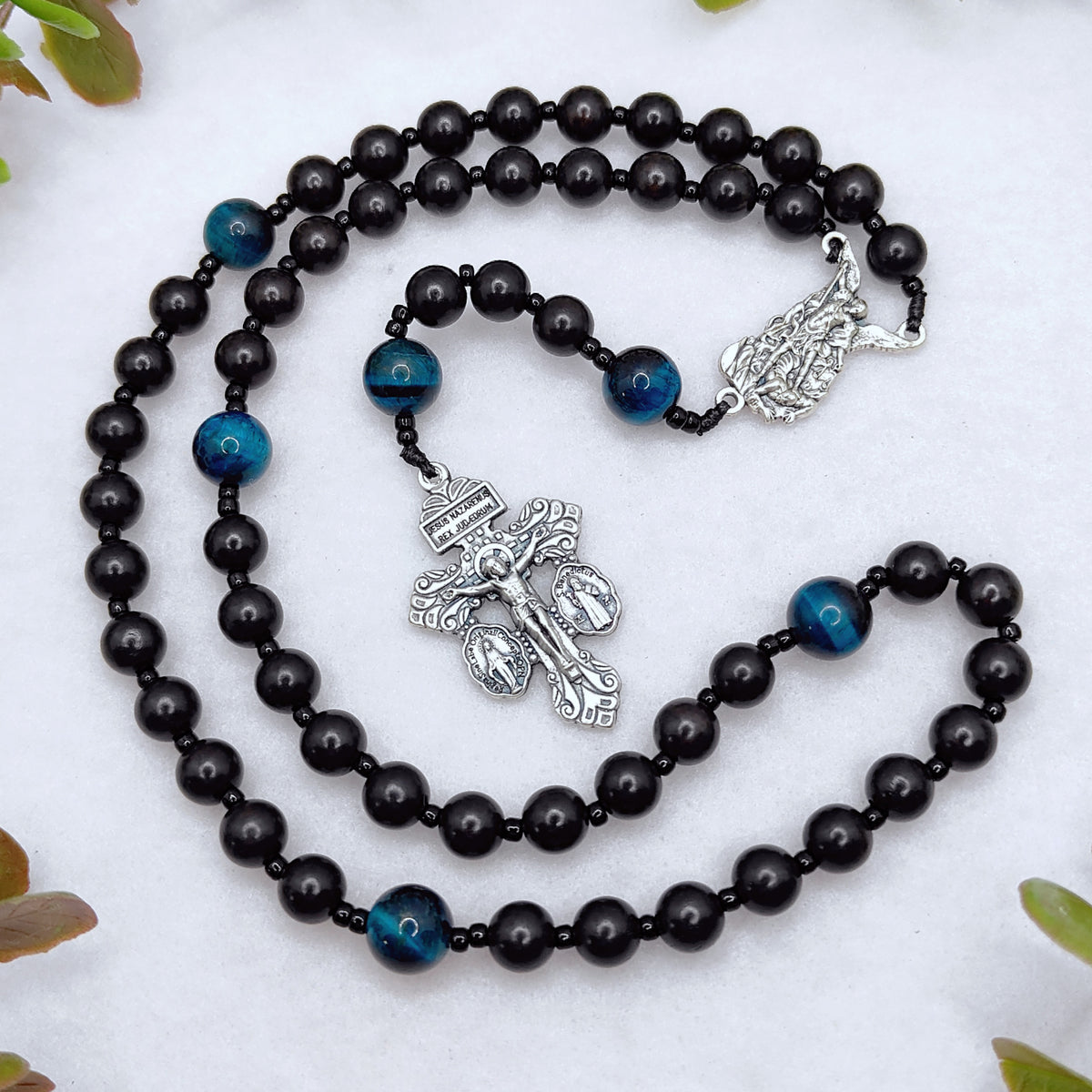 St Michael Black Ebony Wood & Tiger Eye Rosary
