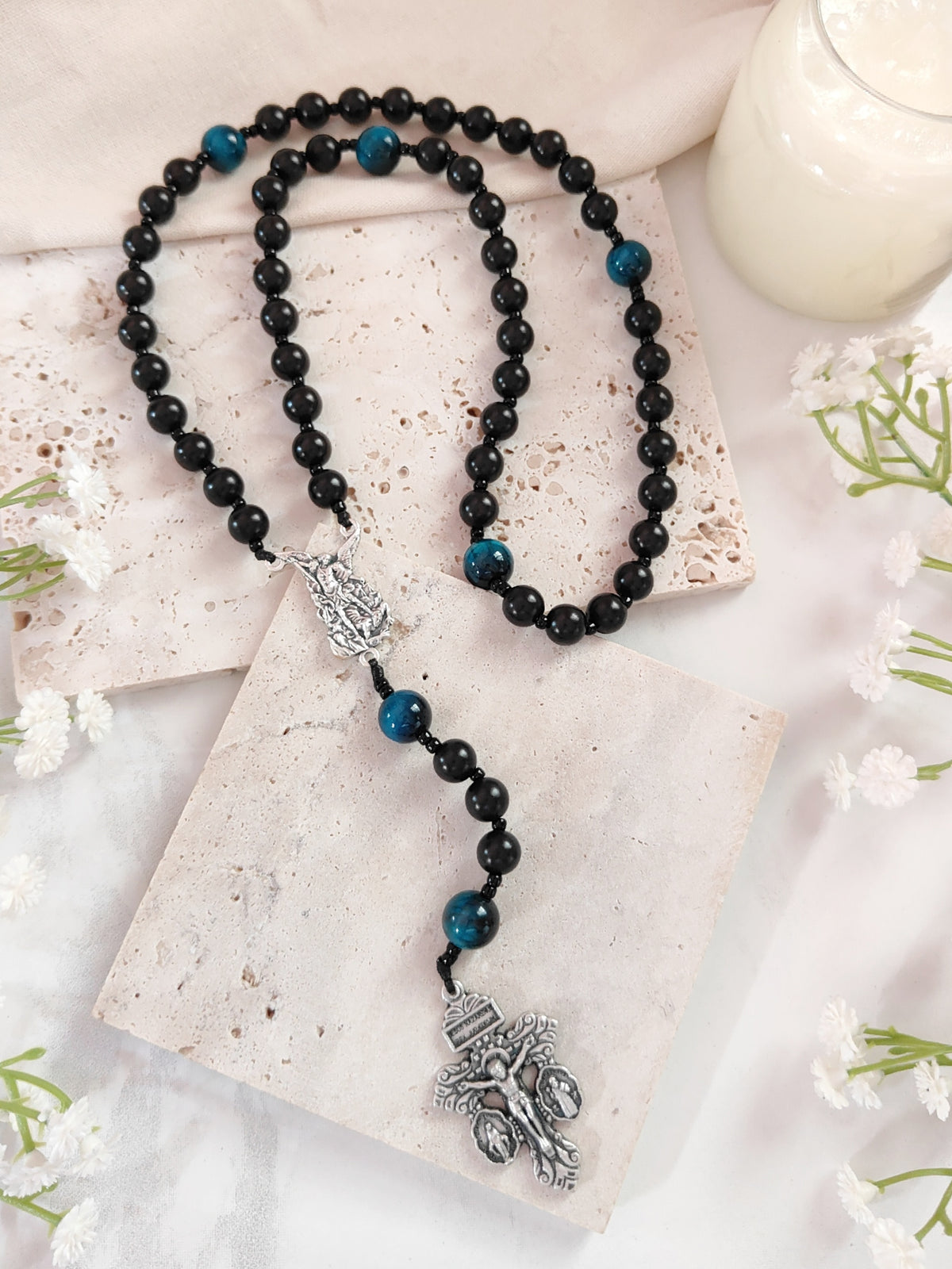 St Michael Black Ebony Wood & Tiger Eye Rosary
