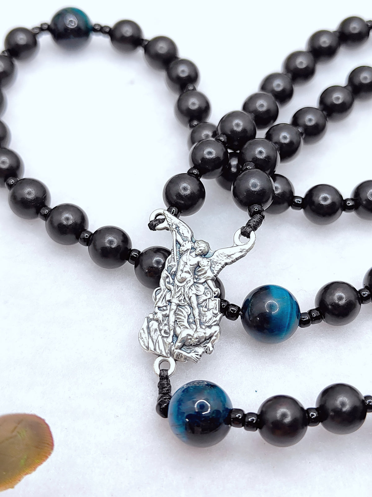 St Michael Black Ebony Wood & Tiger Eye Rosary