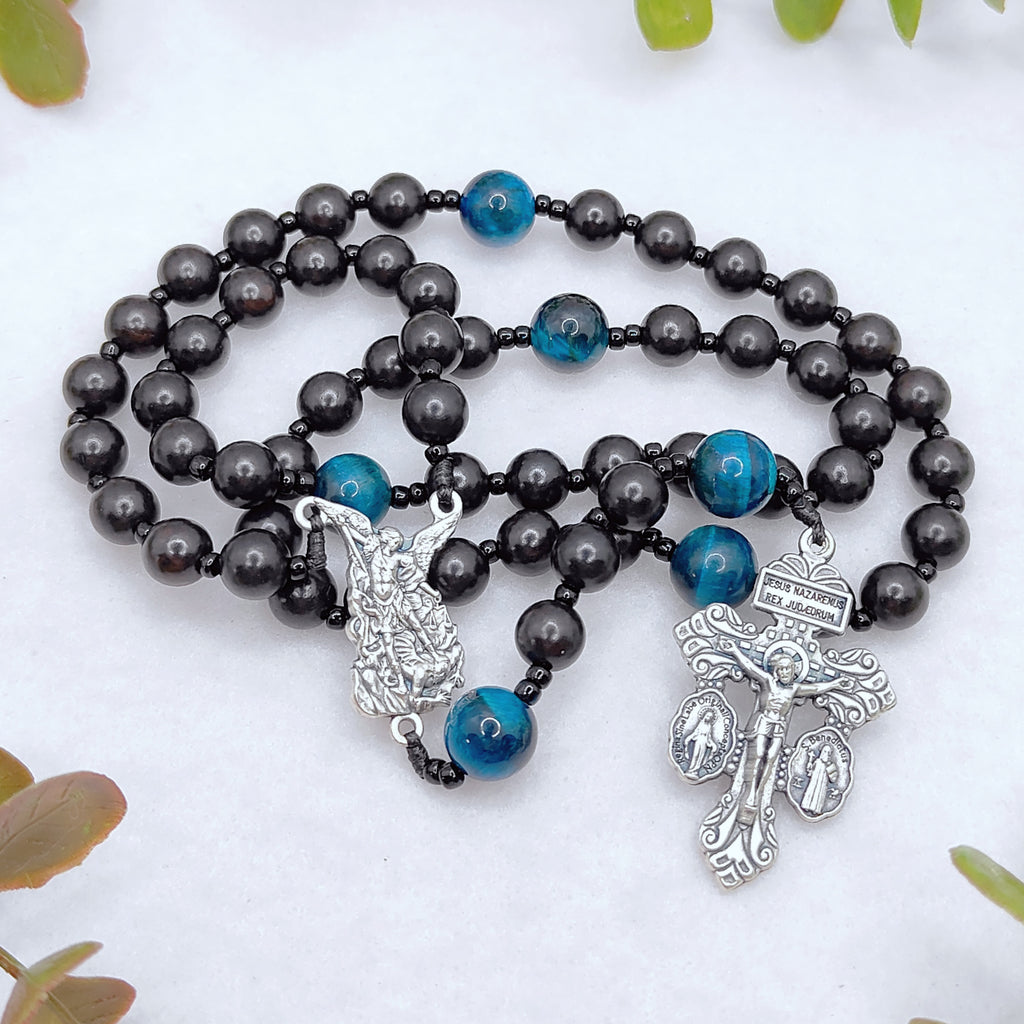St Michael Black Ebony Wood & Tiger Eye Rosary
