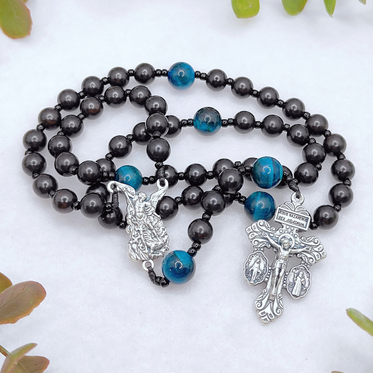 St Michael Black Ebony Wood & Tiger Eye Rosary