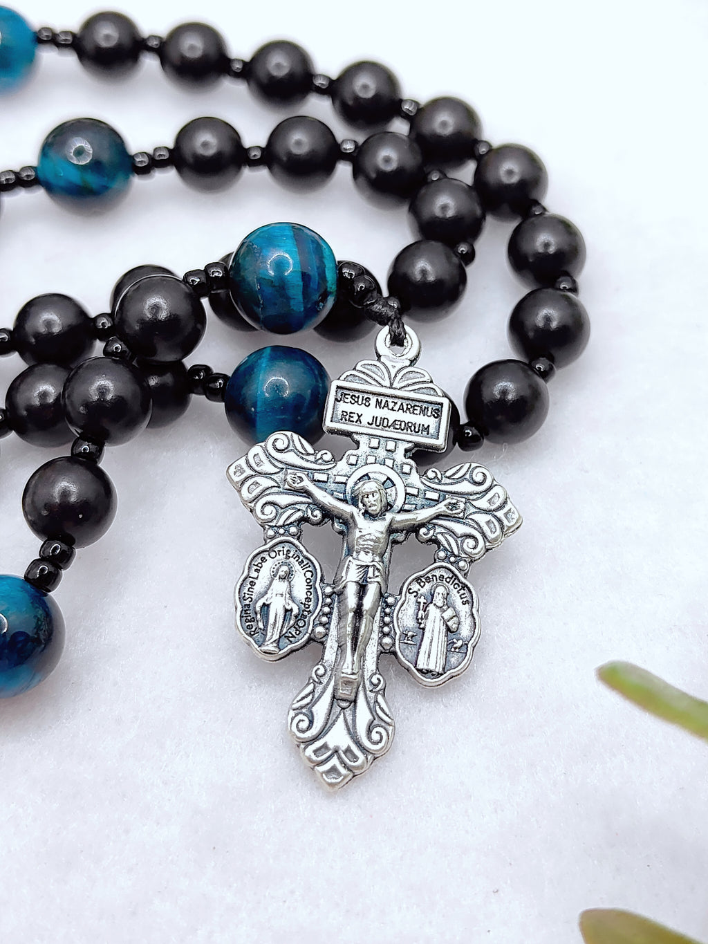 St Michael Black Ebony Wood & Tiger Eye Rosary