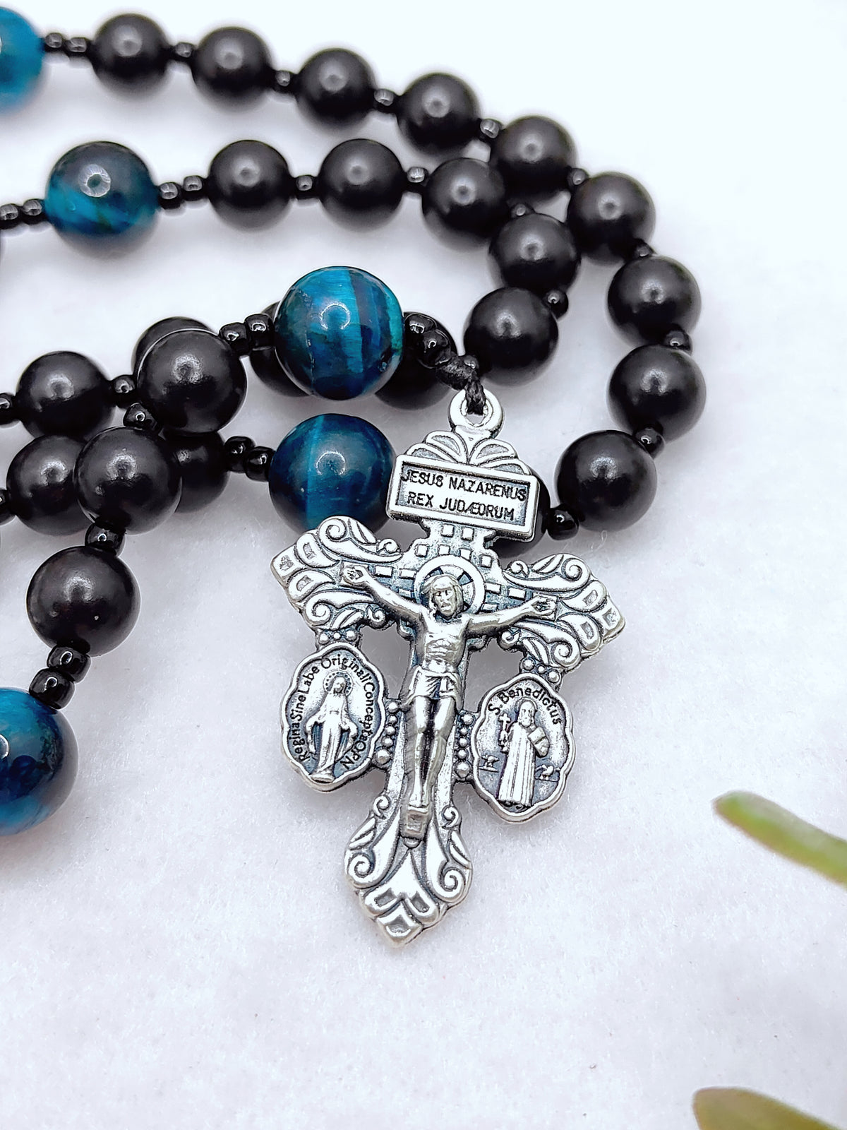 St Michael Black Ebony Wood & Tiger Eye Rosary
