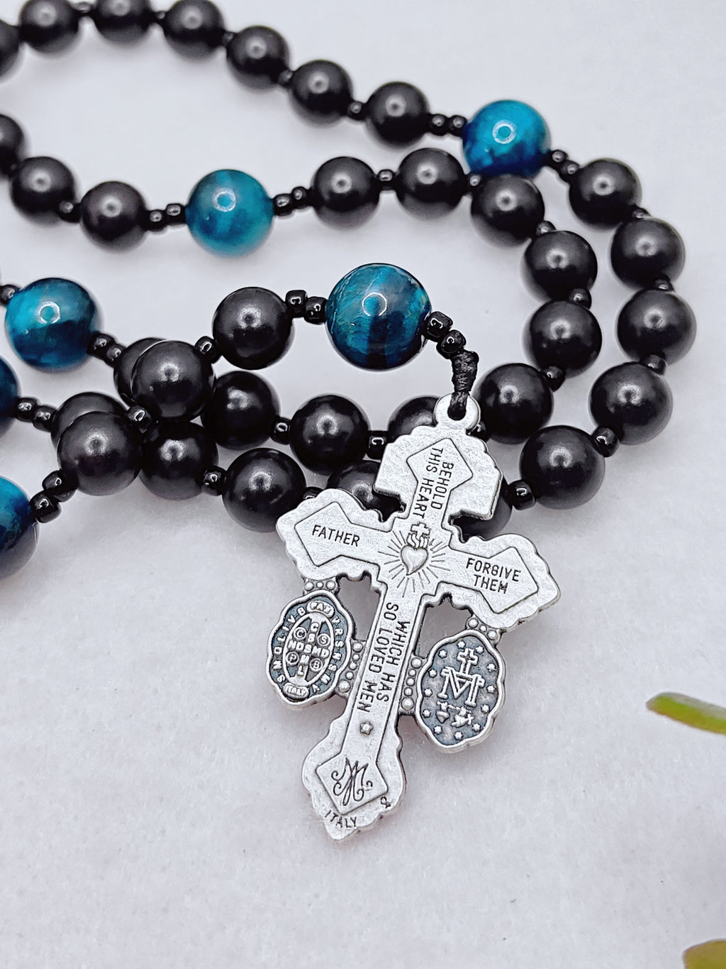 St Michael Black Ebony Wood & Tiger Eye Rosary