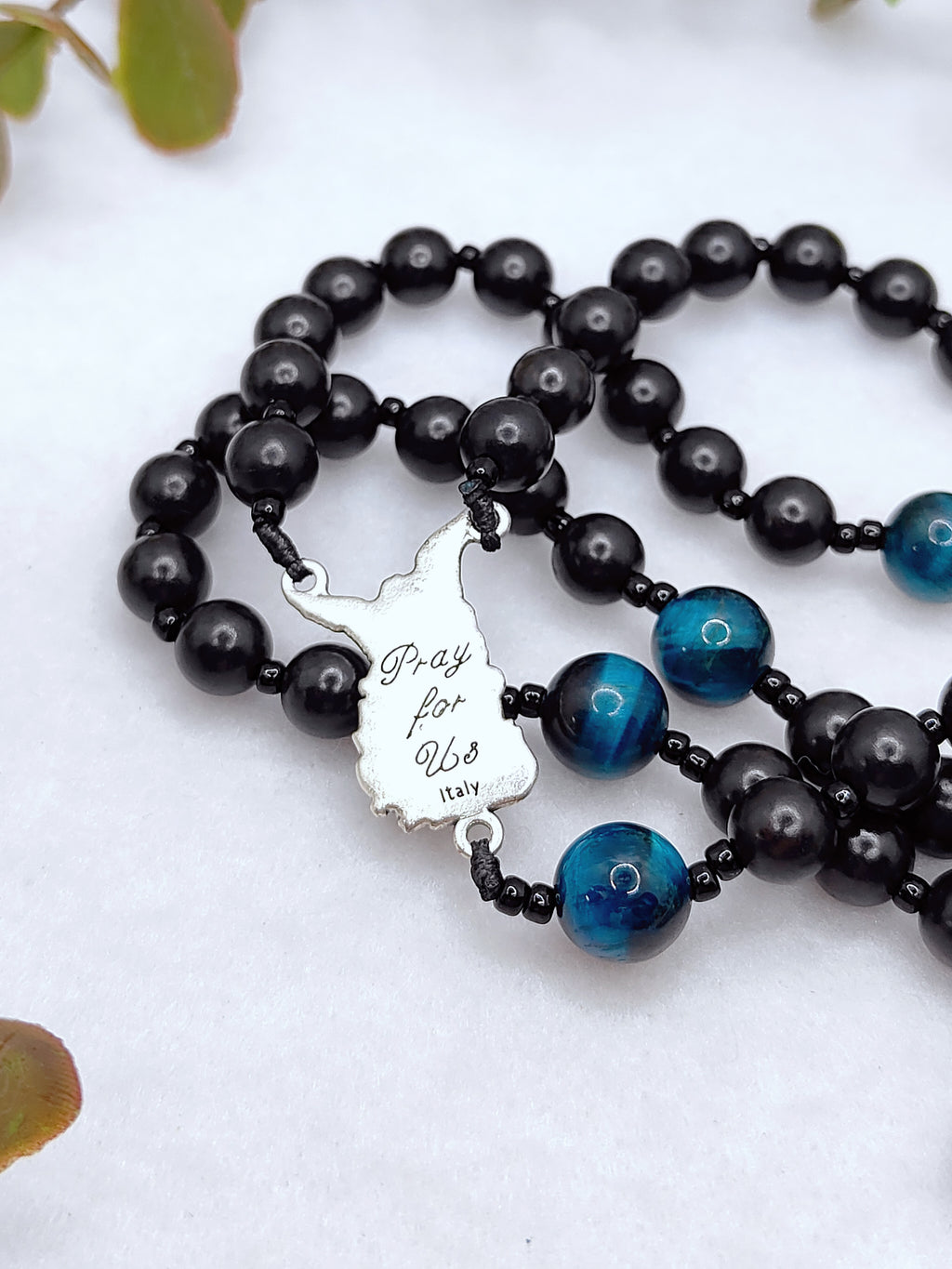 St Michael Black Ebony Wood & Tiger Eye Rosary