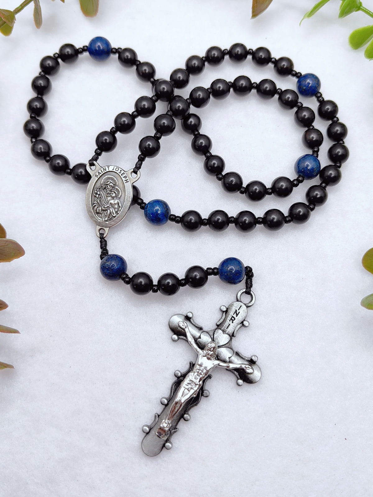 St Joseph Black Ebony Wood with Lapis Lazuli Rosary