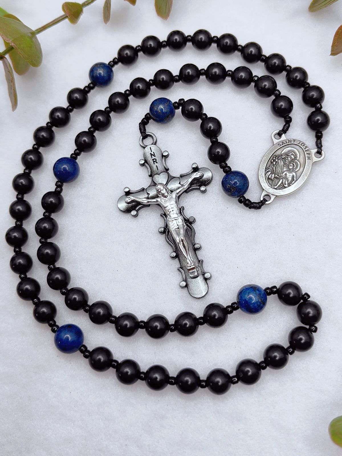 St Joseph Black Ebony Wood with Lapis Lazuli Rosary