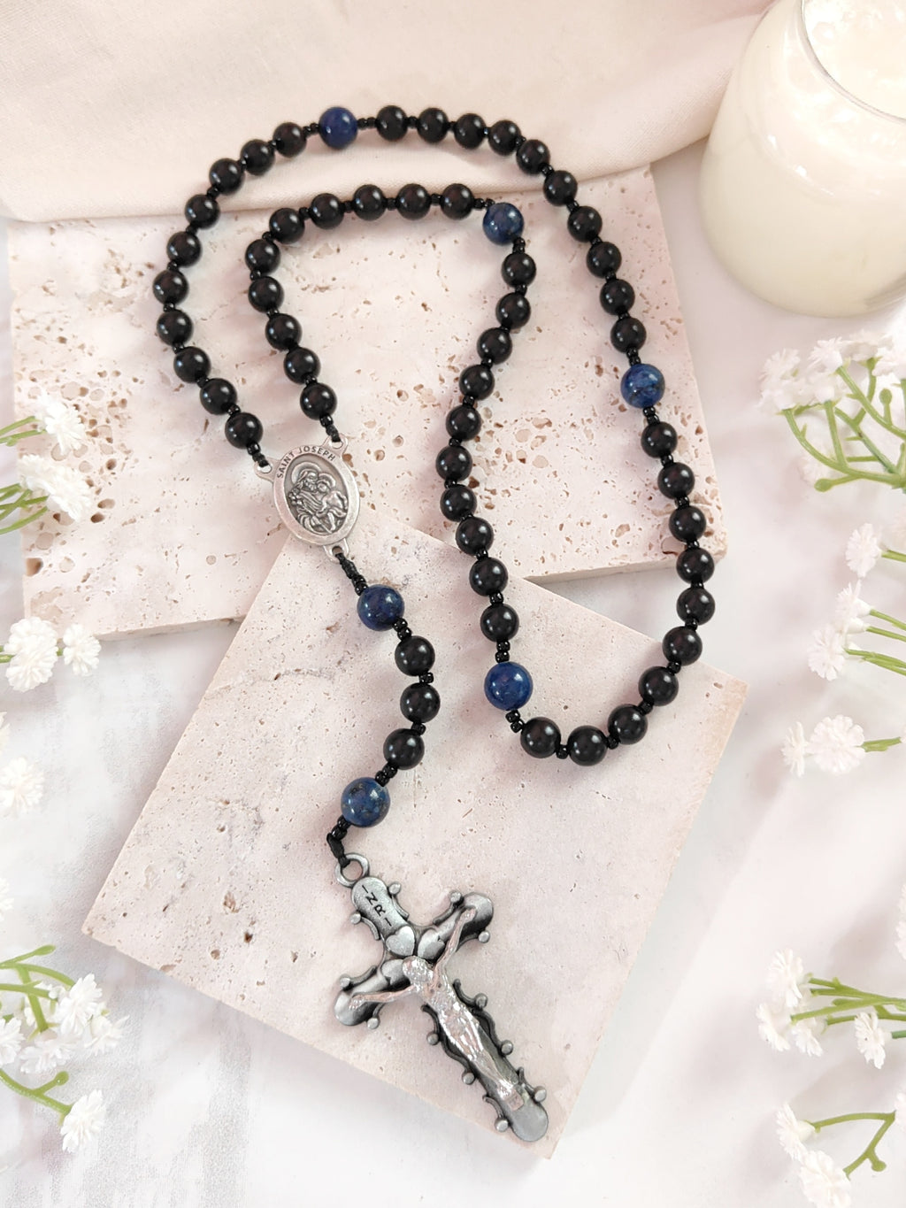 St Joseph Black Ebony Wood with Lapis Lazuli Rosary