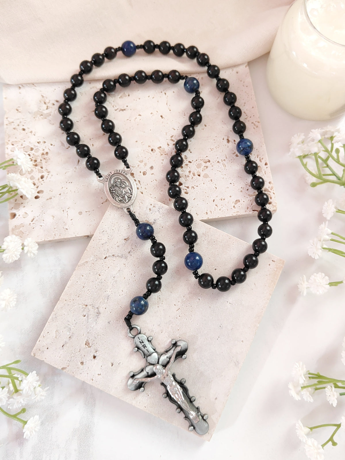 St Joseph Black Ebony Wood with Lapis Lazuli Rosary