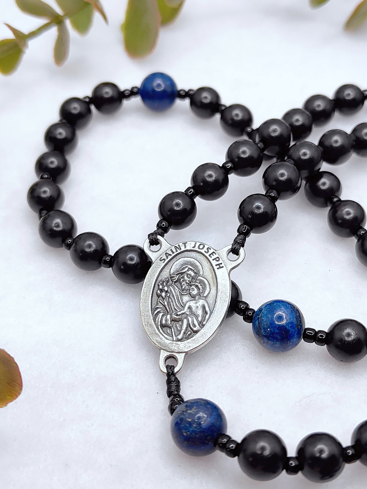 St Joseph Black Ebony Wood with Lapis Lazuli Rosary