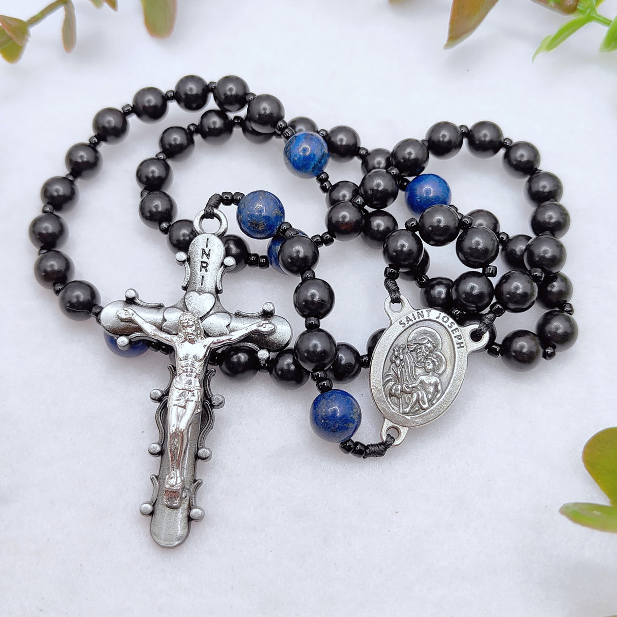 St Joseph Black Ebony Wood with Lapis Lazuli Rosary