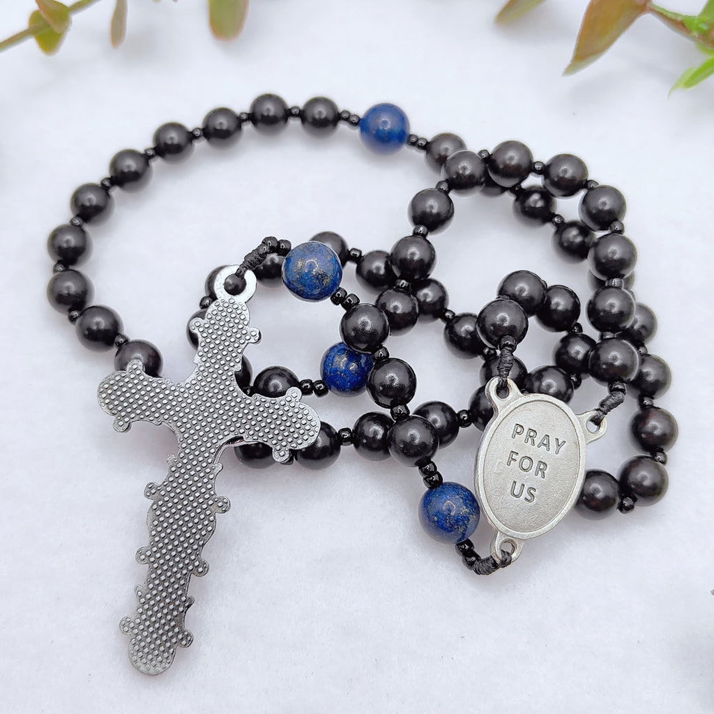 St Joseph Black Ebony Wood with Lapis Lazuli Rosary