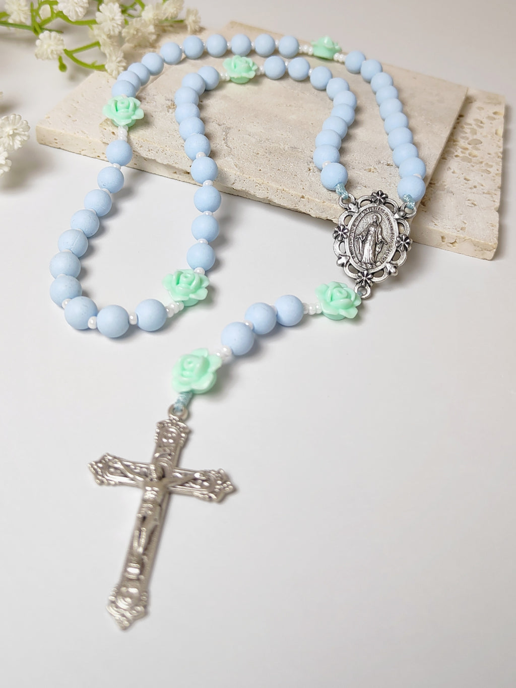 Miraculous Medal Sky Blue Acrylic with Roses