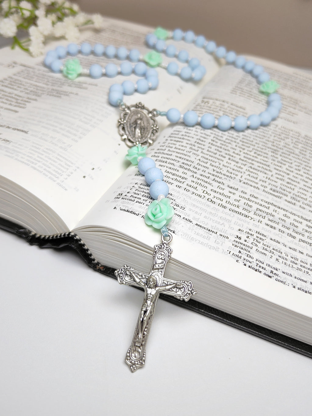 Miraculous Medal Sky Blue Acrylic with Roses