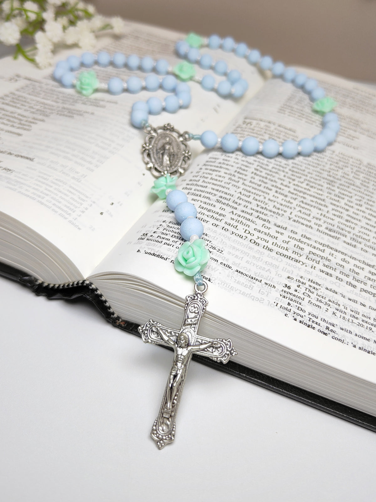 Miraculous Medal Sky Blue Acrylic with Roses