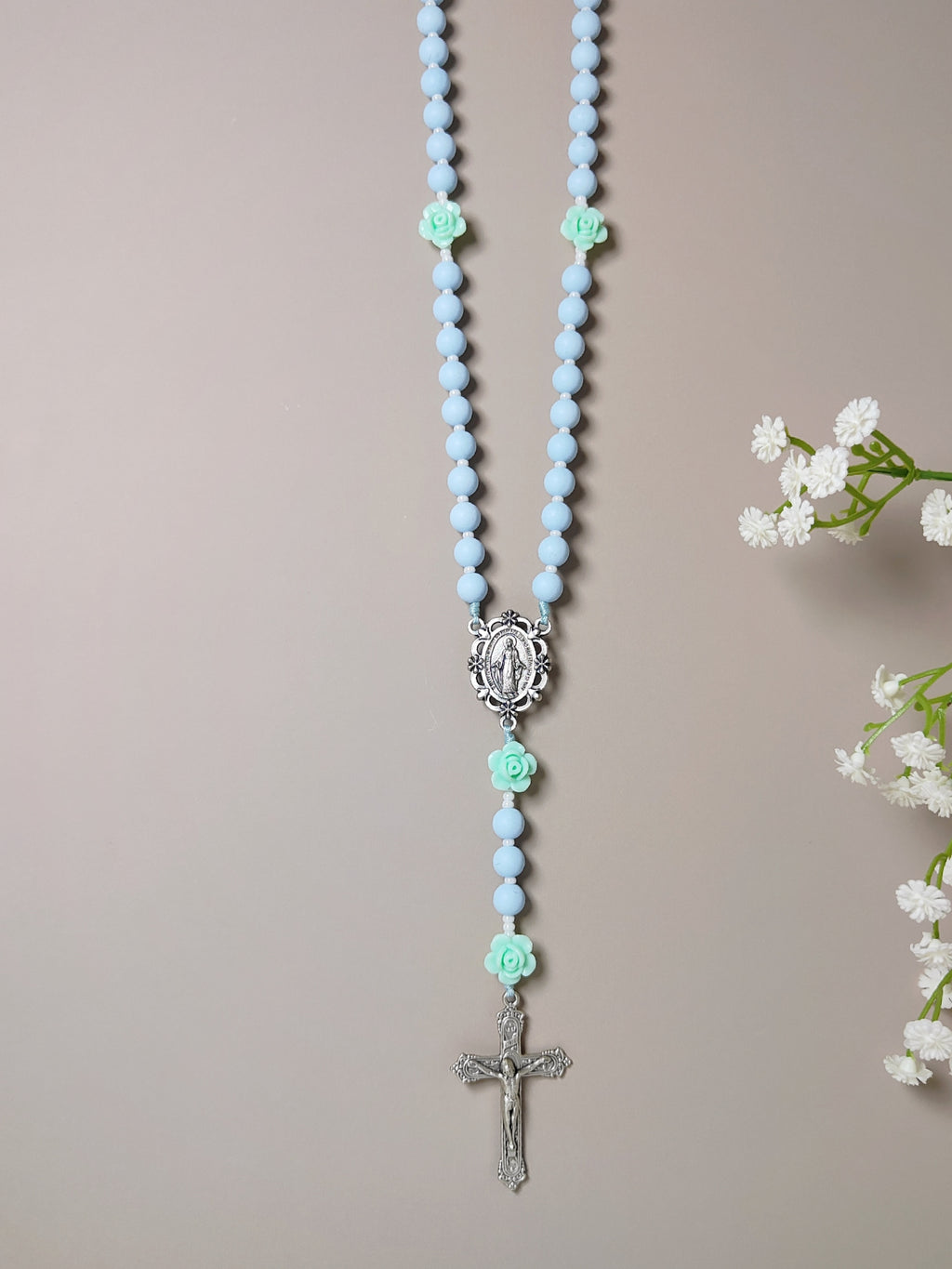Miraculous Medal Sky Blue Acrylic with Roses