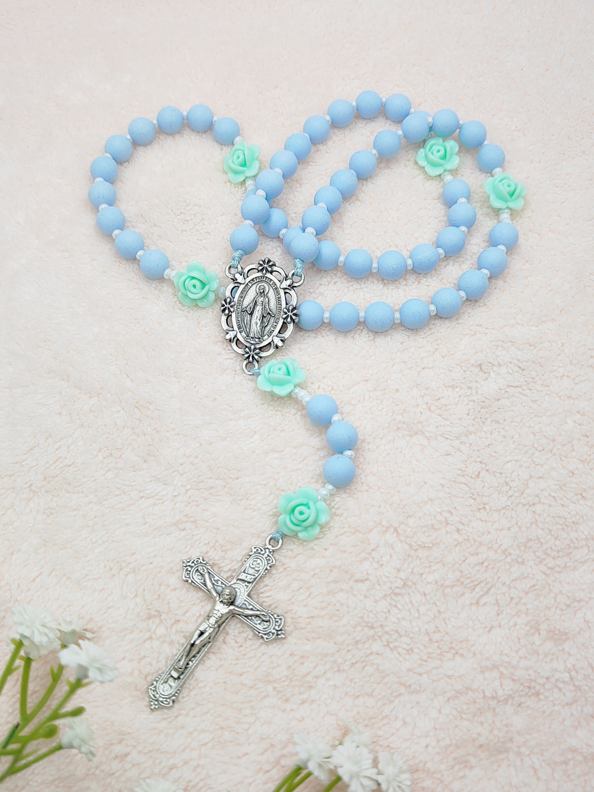 Miraculous Medal Sky Blue Acrylic with Roses