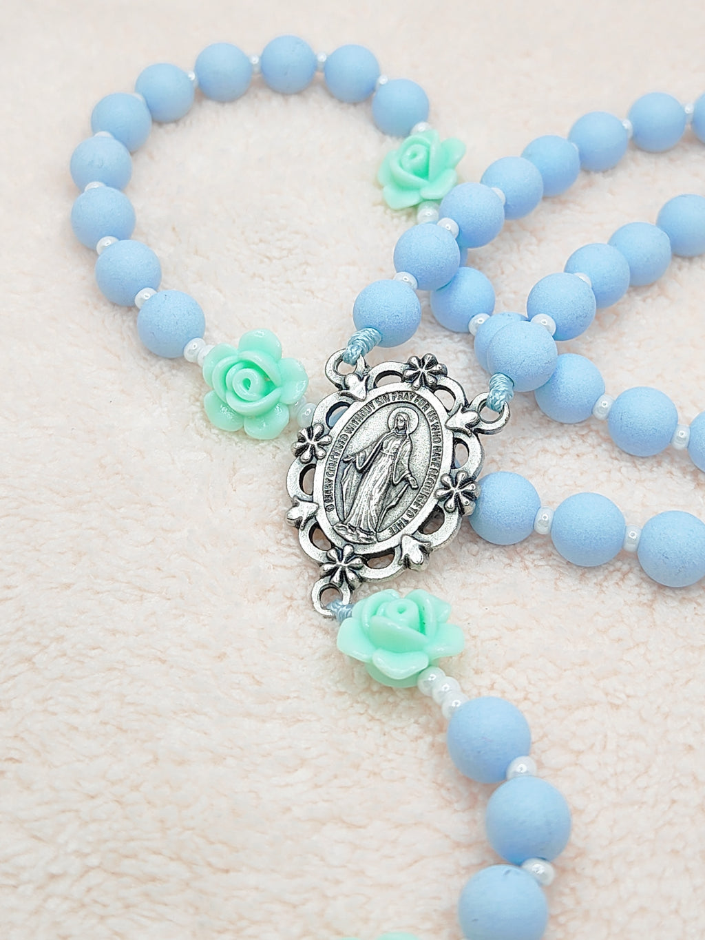 Miraculous Medal Sky Blue Acrylic with Roses