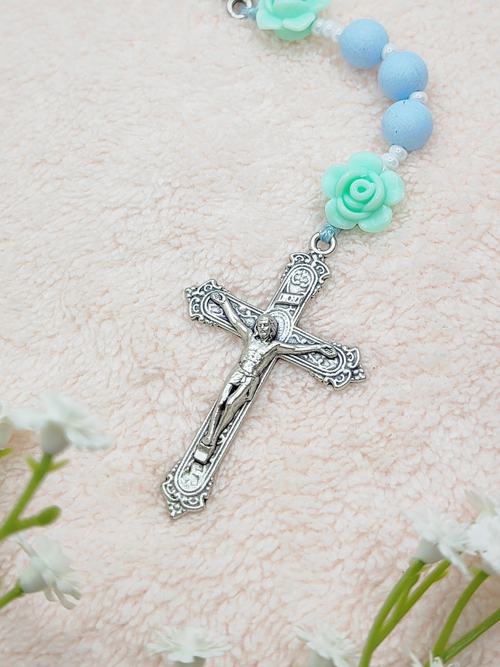 Miraculous Medal Sky Blue Acrylic with Roses