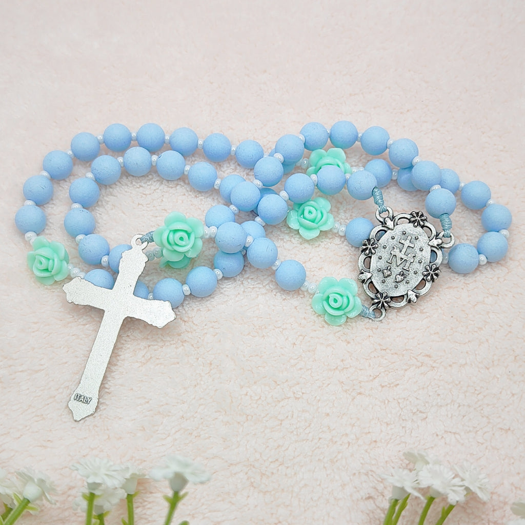 Miraculous Medal Sky Blue Acrylic with Roses