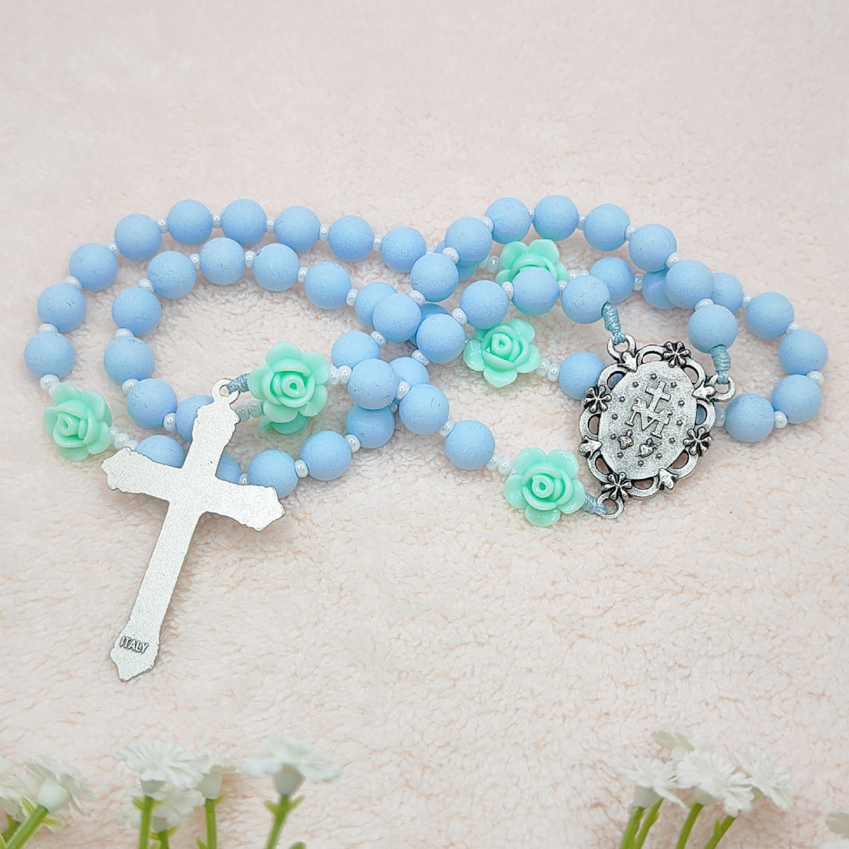 Miraculous Medal Sky Blue Acrylic with Roses