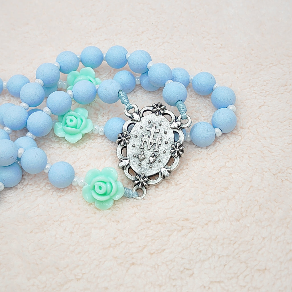 Miraculous Medal Sky Blue Acrylic with Roses