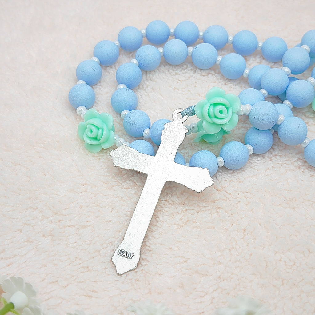 Miraculous Medal Sky Blue Acrylic with Roses