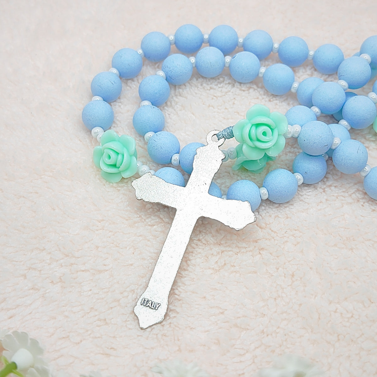 Miraculous Medal Sky Blue Acrylic with Roses