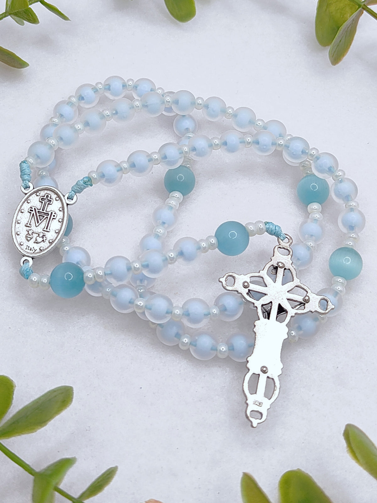Our Lady of Grace Serenity Blue Glass Rosary