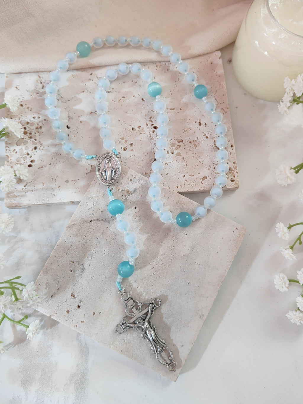 Our Lady of Grace Serenity Blue Glass Rosary