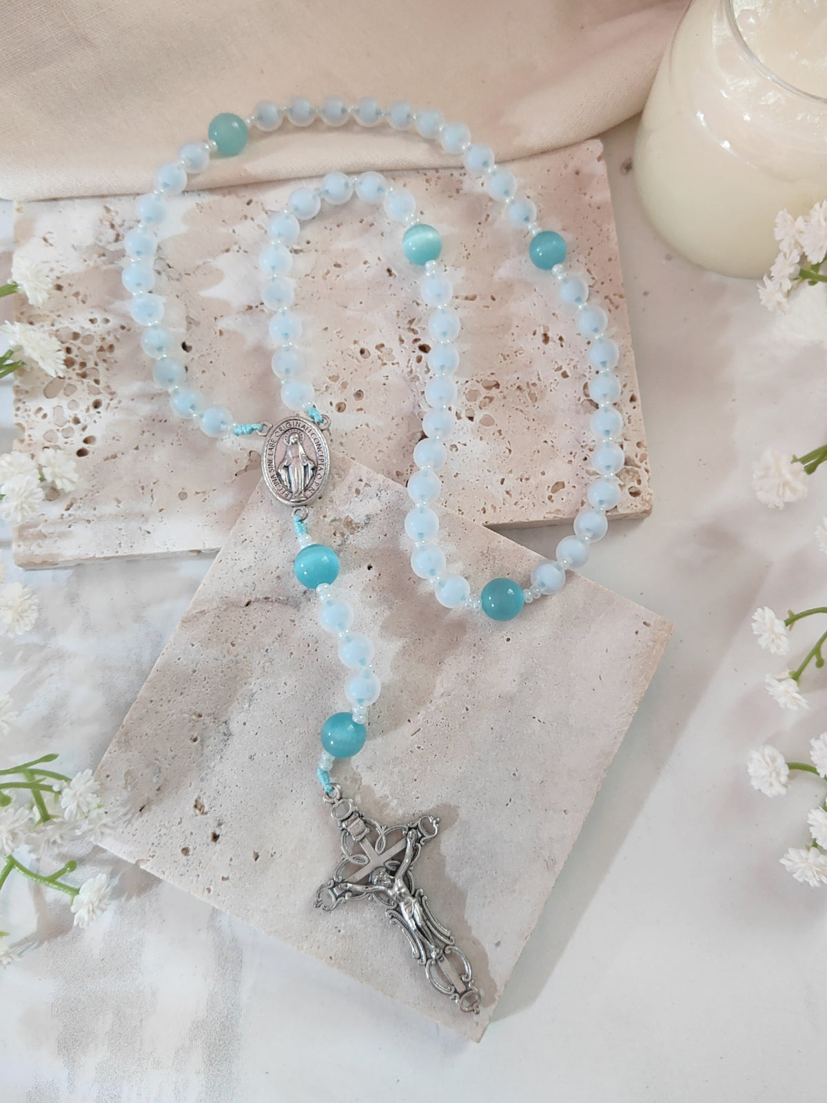 Our Lady of Grace Serenity Blue Glass Rosary