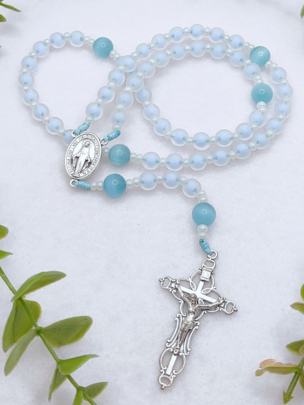 Our Lady of Grace Serenity Blue Glass Rosary