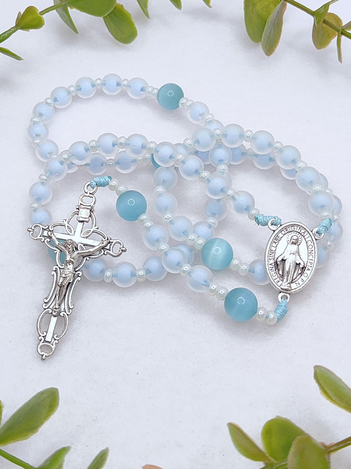 Our Lady of Grace Serenity Blue Glass Rosary