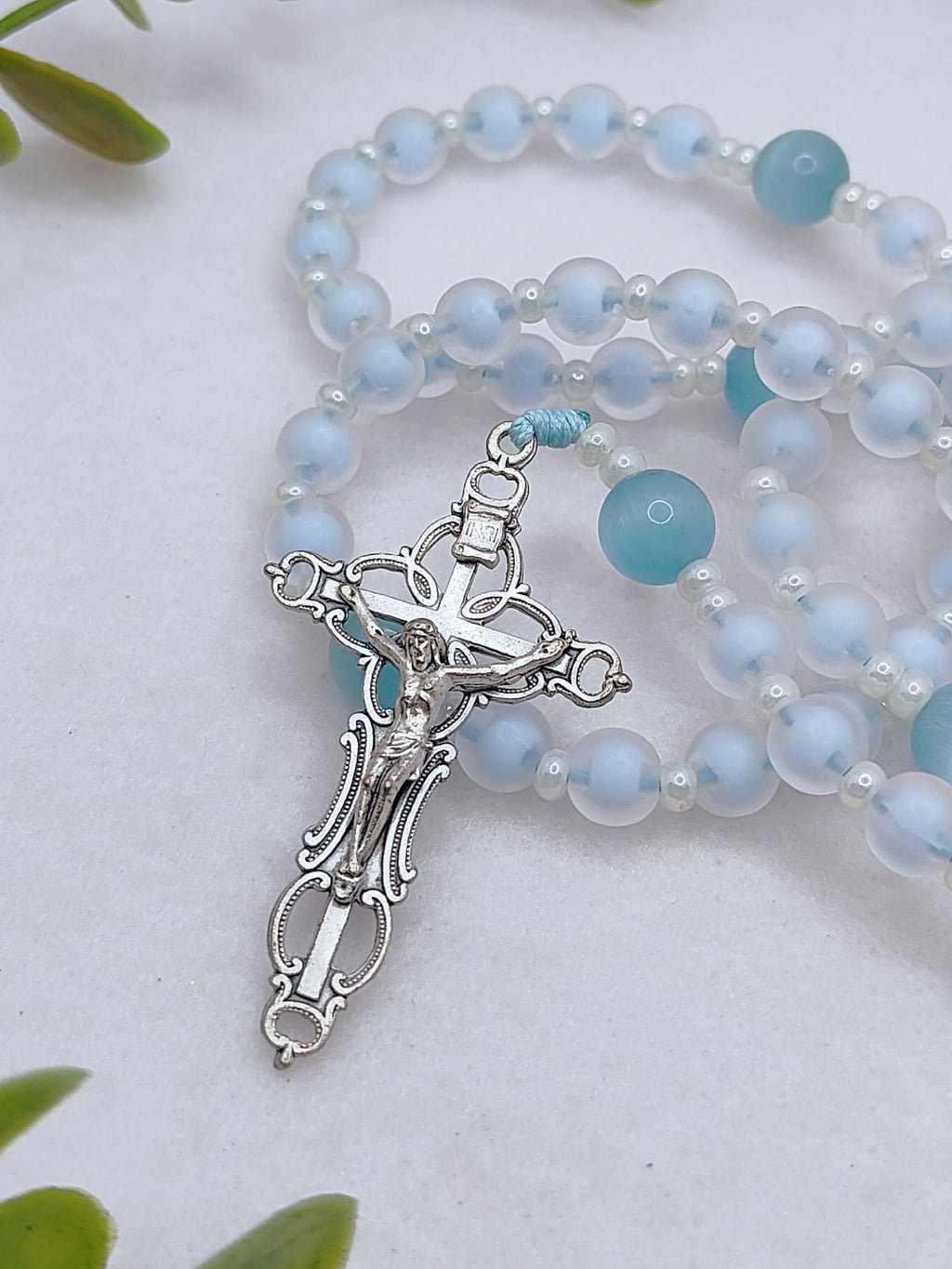 Our Lady of Grace Serenity Blue Glass Rosary