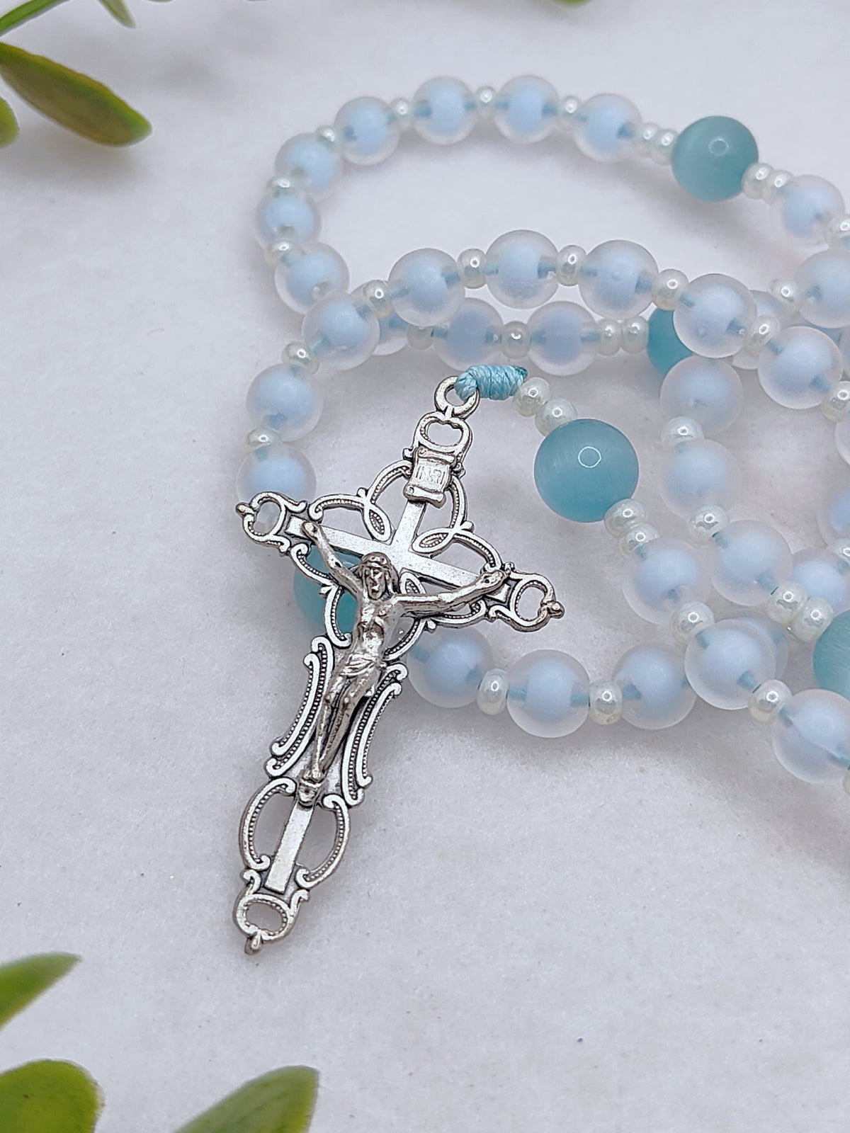 Our Lady of Grace Serenity Blue Glass Rosary