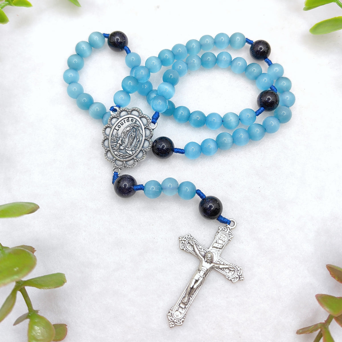 Our Lady of Lourdes Blue Cat Eye Rosary